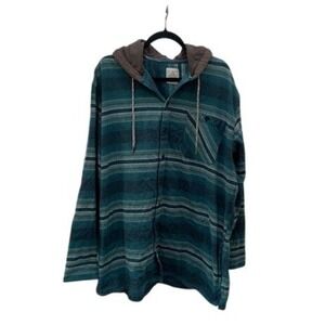 Ascend‎ Mens Plaid Flannel Button Up Hooded Shirt Jacket Teal Blue Stripes Large